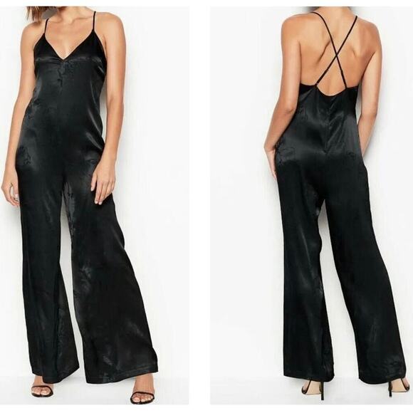 VICTORIA’S SECRET Wide Leg Floral Jacquard Deep V Cross Back Jumpsuit Black Sz S - Picture 1 of 12